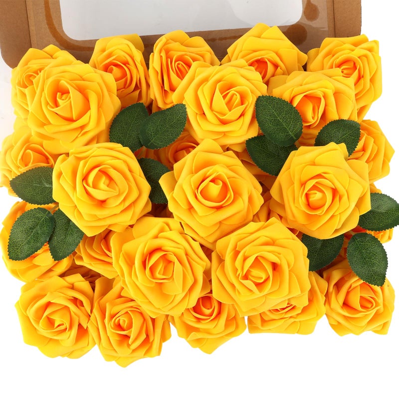 MACTING Artificial Yellow Flowers 30PCS Real Touch Fake Rose Flowers Soft Foam Roses with Stem for Floral Arrangement DIY Table Centerpieces Wedding Bouquet Party Holiday Spring Valentines Day Decor - Image 1